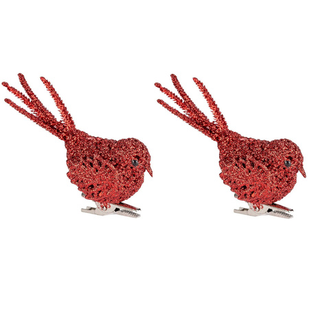 2x Kerstboomversiering glitter rode vogeltjes op clip 12 cm