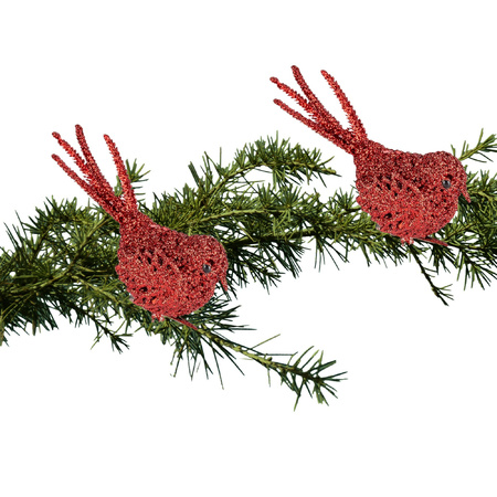 2x Christmas tree glitter red bird on clip 12 cm