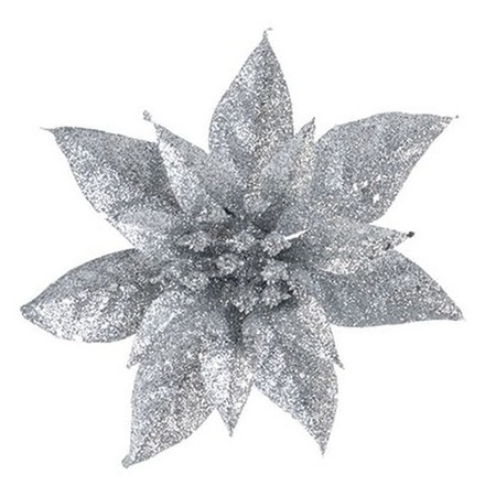 2x Kerstversieringen glitter kerstster zilver op clip 15 cm