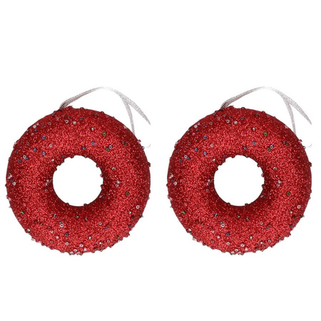 2x Kerst rode donuts kerstornamenten kersthangers 10 cm