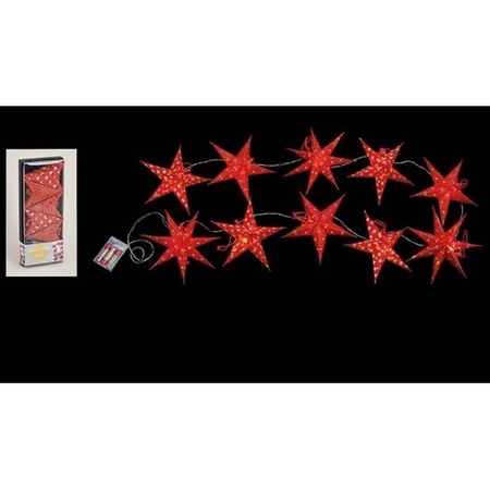 2x Kerstverlichting op batterijen lichtsnoer met rode papieren sterren 250 cm