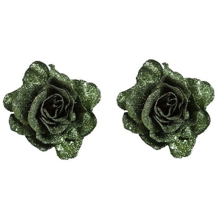 2x Groene decoratie roos glitters op clip 10 cm
