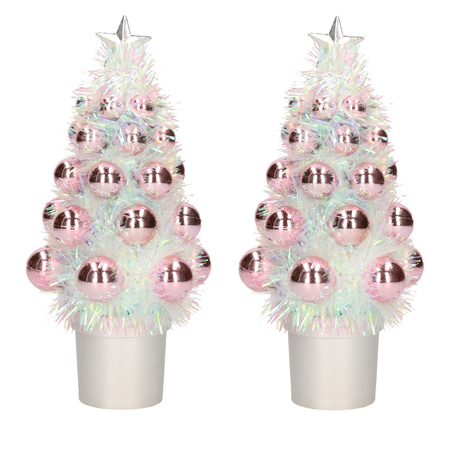 2x Mini kunst kerstboompje roze met kerstballen 19 cm