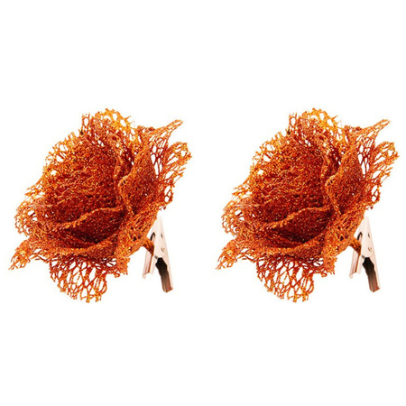 2x Oranje kanten glitter rozen bloemen op clip 10 cm