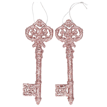 2x Old pink key decoration hangers glitter 15 cm