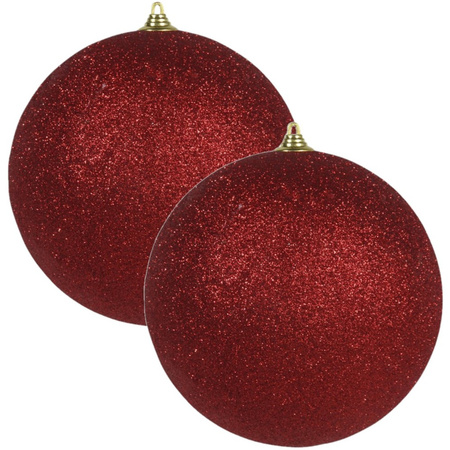 2x Large red glitter baubles 13,5 cm