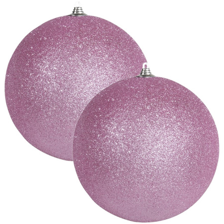2x Roze grote kerstballen met glitter kunststof 13,5 cm