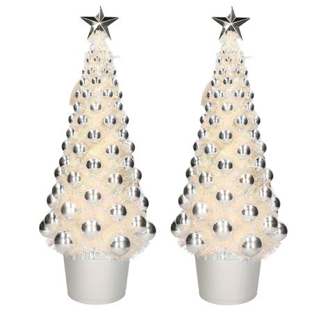 2x pieces complete christmas trees with balls and lights silver 60 cm