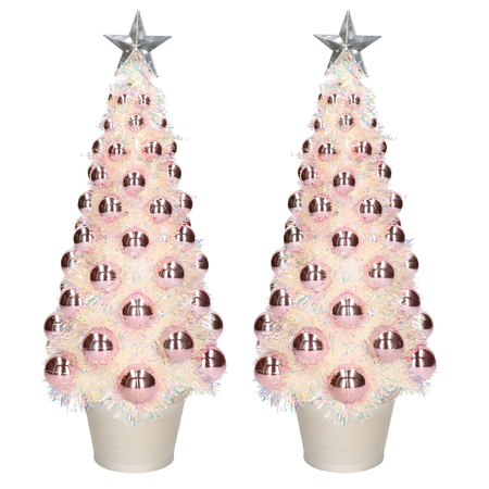 2x stuks kunstkerstbomen compleet met lichtjes en ballen roze 40 cm