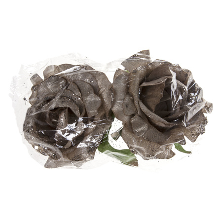 2x decoration flowers rose on clips silver glitter 10 cm