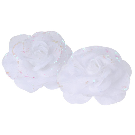 Set of 4x pcs decoration flowers roses white and silver on clip 9 cm