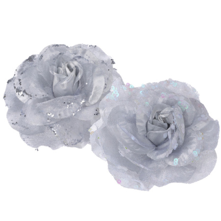 2x pcs decoration flowers roses silver on clip 9 cm