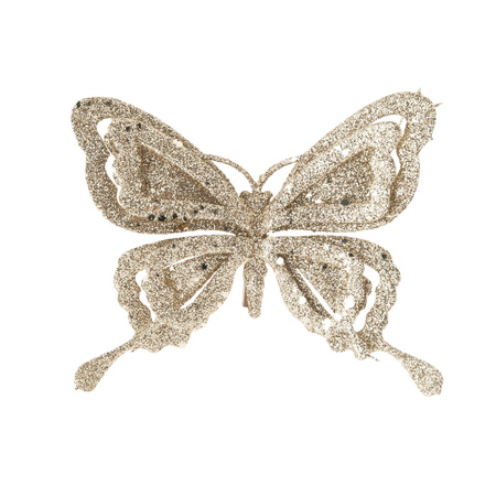 2x stuks decoratie vlinders op clip glitter champagne 14 cm