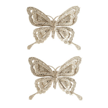 2x stuks decoratie vlinders op clip glitter champagne 14 cm
