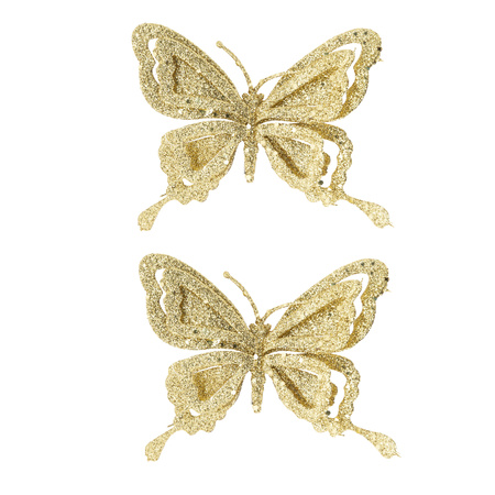 2x stuks decoratie vlinders op clip glitter goud 14 cm
