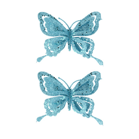 2x stuks decoratie vlinders op clip glitter ijsblauw 14 cm