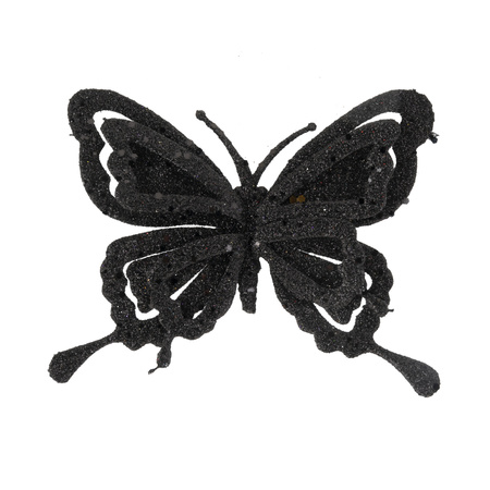 2x stuks decoratie vlinders op clip glitter zwart 14 cm