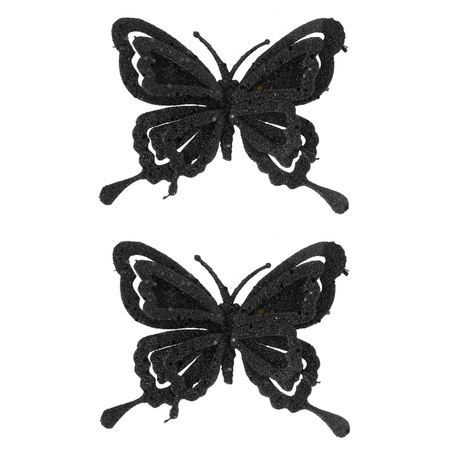 2x stuks decoratie vlinders op clip glitter zwart 14 cm