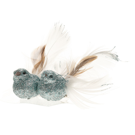 2x decoration birds on clips glitter ice blue 11 cm