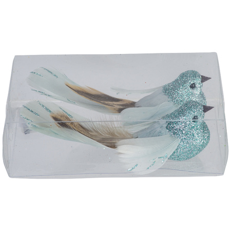 2x decoration birds on clips glitter ice blue 11 cm