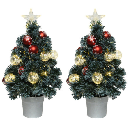 2x stuks fiber optic kerstbomen/kunst kerstbomen met verlichting en kerstballen 60 cm 
