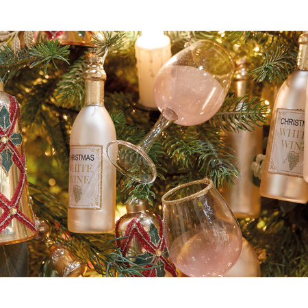 2x stuks glazen kersthangers wijnfles met wijnglas lichtroze kerstornamenten