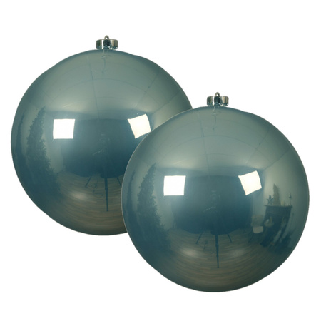 2x stuks grote kunststof kerstballen lichtblauw 14 cm glans