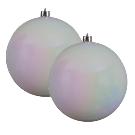 2x stuks grote kunststof kerstballen parelmoer wit 14 cm glans