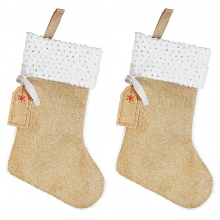 2x pieces jute christmas stockings with white board and sequins 45 cm