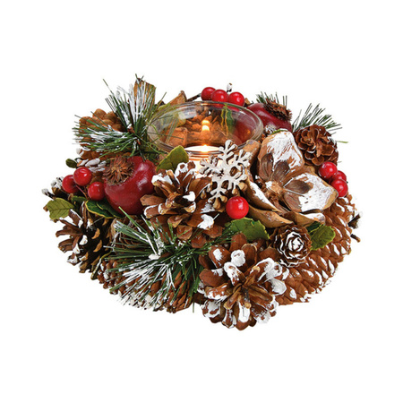 2x stuks kerst thema kaarsenhouders ornament bruin/rood van hout 18 cm