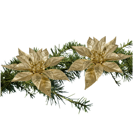 2x stuks kerstboom bloemen kerstster goud glitter op clip 18 cm