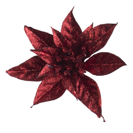 2x stuks kerstboom bloemen kerstster rood glitter op clip 15 cm