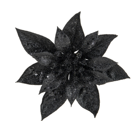 2x christmas decoration flowers on clips black glitter 15 cm