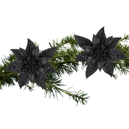 2x christmas decoration flowers on clips black glitter 15 cm