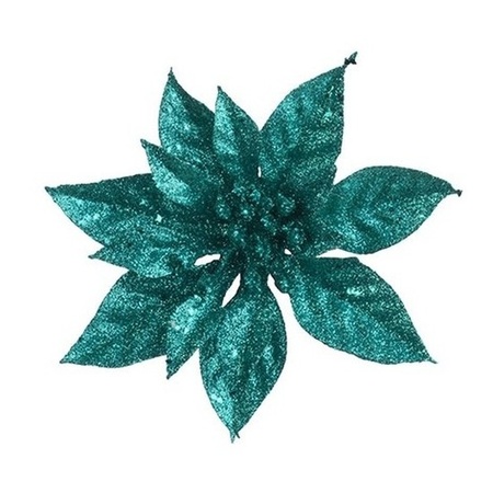 2x pcs shristmas tree deco emerald glitter poinsettia on clip 15 cm