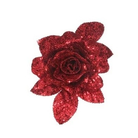 2x stuks kerstboom bloemen op clip rode glitter roos 15 cm