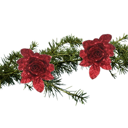 2x stuks kerstboom bloemen op clip rode glitter roos 15 cm