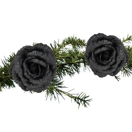 2x stuks kerstboom bloemen op clip zwart glitter 15 cm