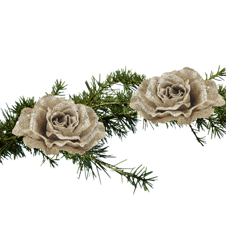 2x stuks kerstboom bloemen roos champagne glitter op clip 10 cm
