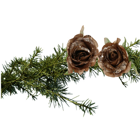 2x stuks kerstboom bloemen roos goud bruin glitter op clip 10 cm.