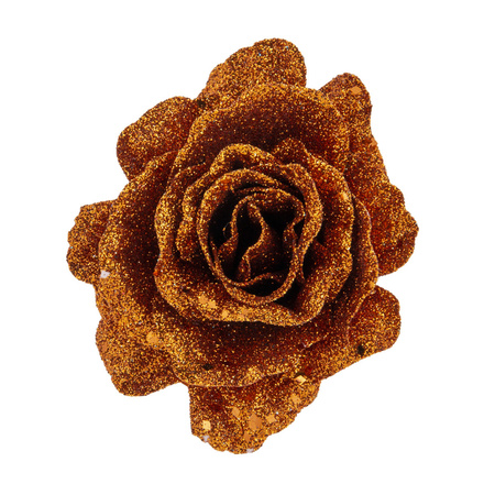 2x stuks kerstboom bloemen roos koper glitter op clip 10 cm