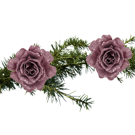 2x stuks kerstboom bloemen roos roze glitter op clip 10 cm