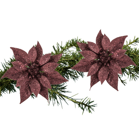 2x pcs christmas decoration flowers on clips dark red glitter 18 cm