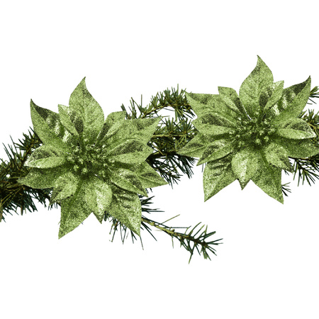 2x stuks kerstboom decoratie bloemen groen glitter op clip 18 cm