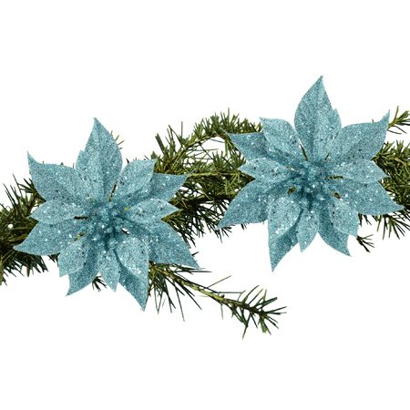2x stuks kerstboom decoratie bloemen ijsblauw glitter op clip 18 cm