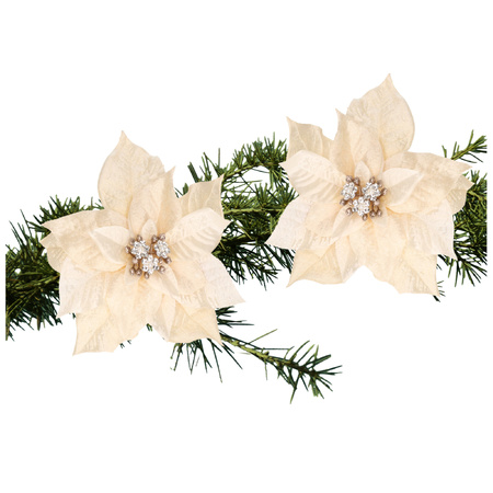 2x stuks kerstboom decoratie bloemen kerstster cr?me wit op clip 18 cm