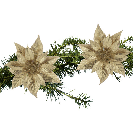 2x stuks kerstboom decoratie bloemen kerstster goud glitter op clip 18 cm