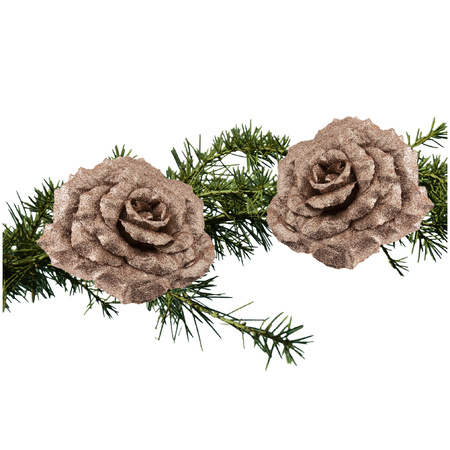 2x christmas decoration flowers rose on clips champagne glitter 18 cm