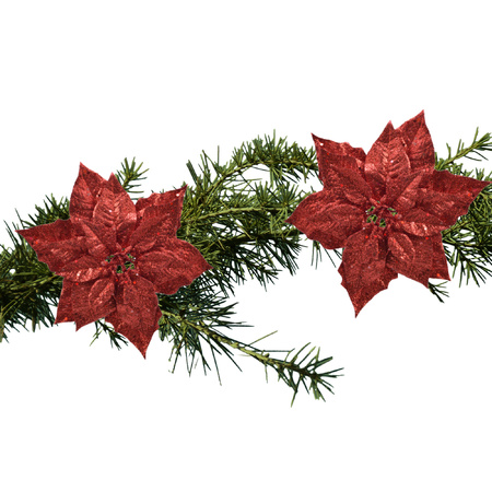 2x stuks kerstboom decoratie bloemen rood glitter op clip 23 cm