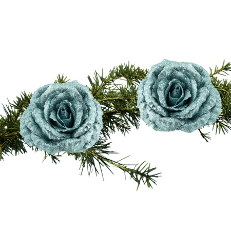 2x stuks kerstboom decoratie bloemen roos glitter op clip 18 cm